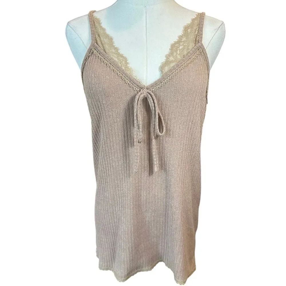 POL Anthropologie Y2K Stretch Rib Long Fitted Cami Lace Trim Tank Top Size Large